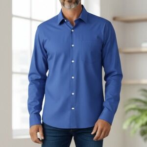 Van Heusen Lux Sateen Regular Fit Blue Button Down Casual Work Dress Shirt Large